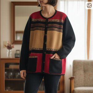 100% Wool Vintage Koret Cardigan Sweater Red and Black Embroidered  For Women
